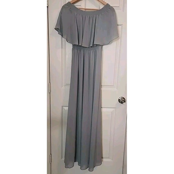 Show Me Your Mumu Maxi Dress Medium Blue Fluter Off Shoulder Lined Elastic Waist - Picture 1 of 7